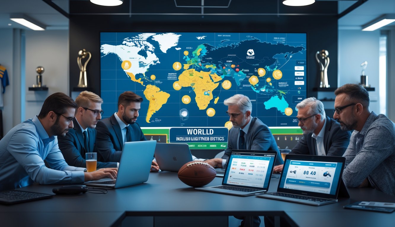 Sekelompok orang sedang menganalisis data taruhan sepak bola menggunakan perangkat digital di ruangan modern dengan layar besar menampilkan peta dunia dan ikon sepak bola.