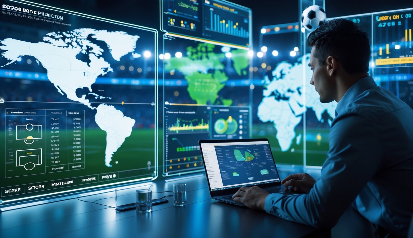 Seseorang sedang menganalisis data prediksi skor dan handicap pertandingan sepak bola dengan latar belakang stadion sepak bola yang penuh penonton.