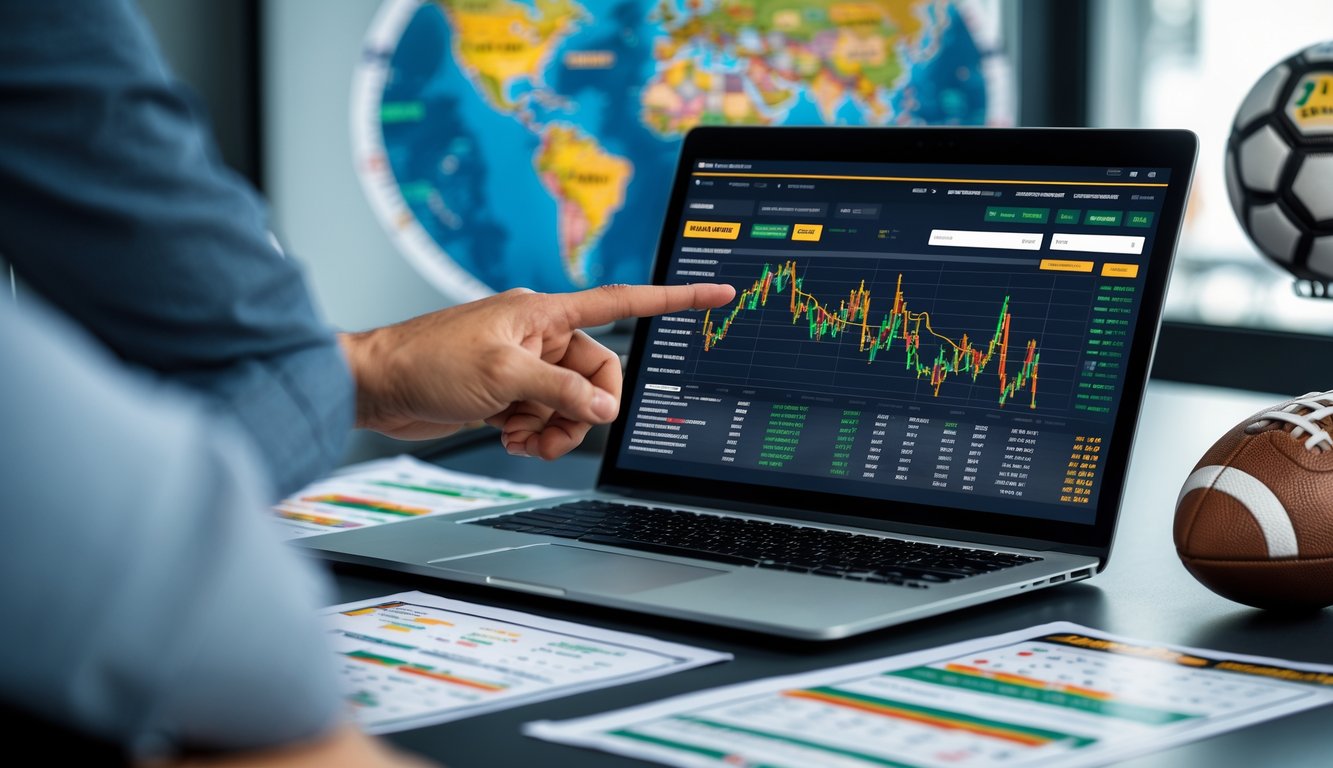 Suasana kerja dengan laptop menampilkan grafik statistik sepak bola dunia, peta liga sepak bola di latar belakang, dan tangan menunjuk layar untuk analisis taruhan.