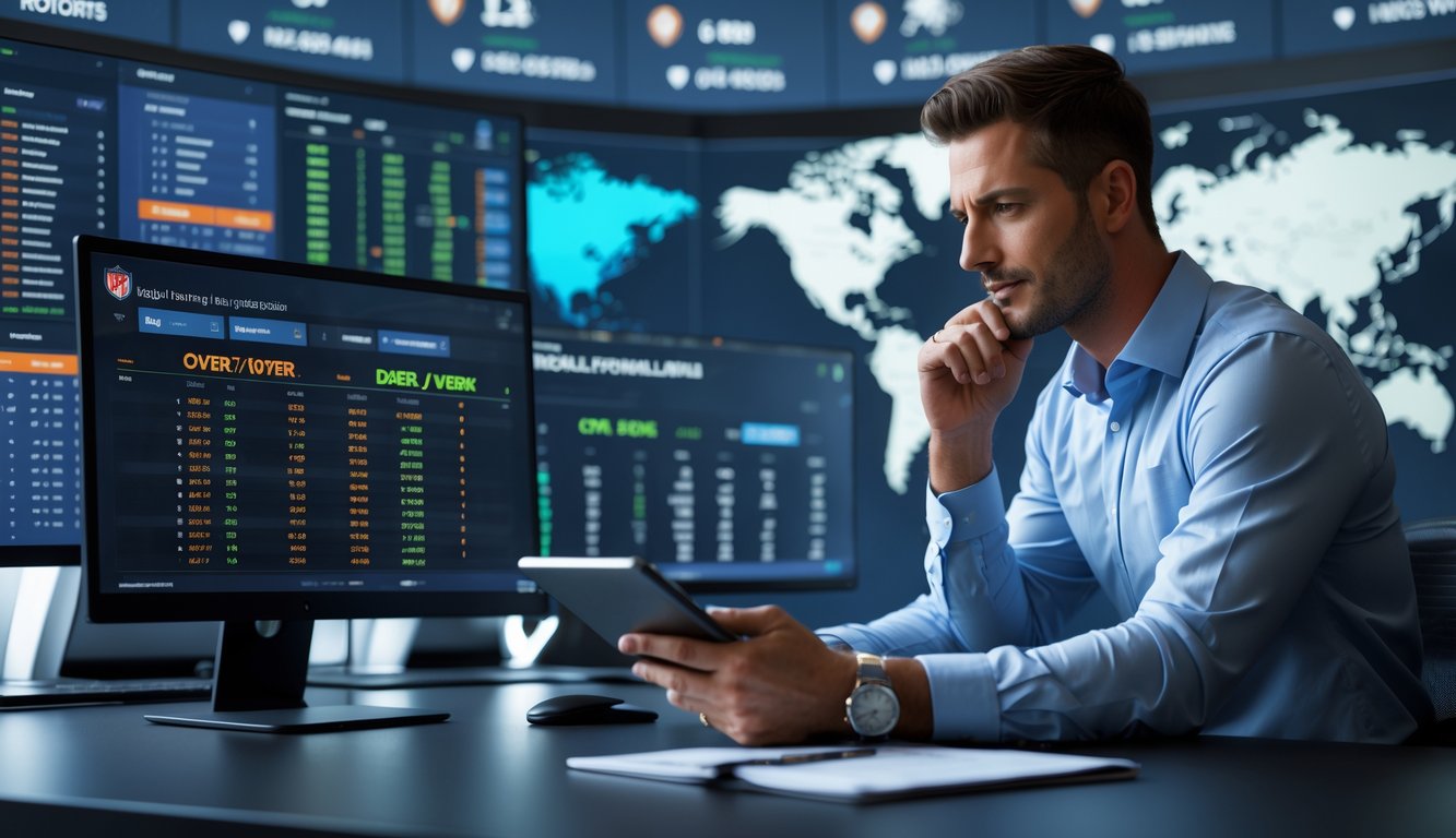 Seorang analis olahraga sedang bekerja dengan beberapa monitor yang menampilkan statistik dan data pertandingan sepak bola di sebuah meja modern.