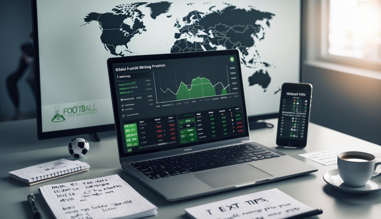 Meja kerja dengan laptop yang menampilkan statistik dan peluang taruhan sepak bola, ponsel dengan skor pertandingan, catatan dengan tips taruhan, dan peta dunia di latar belakang.