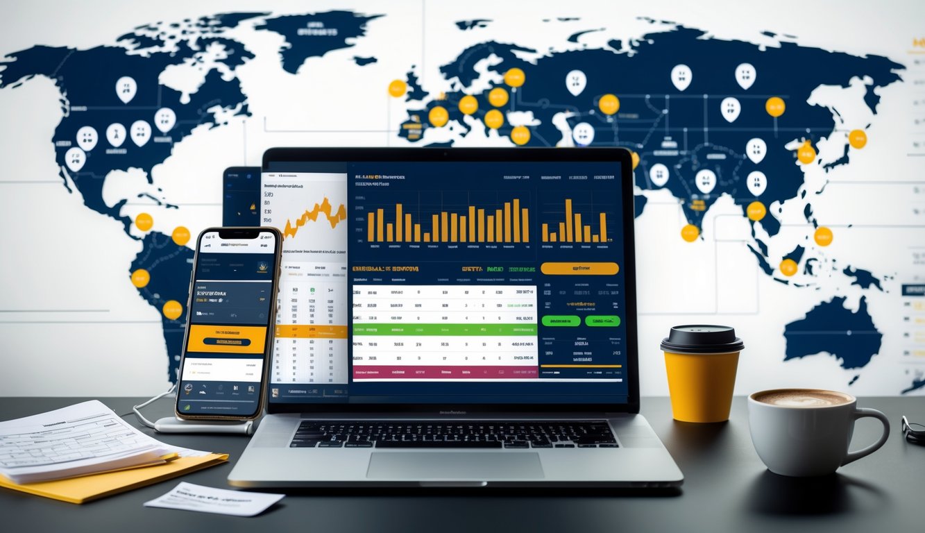 Meja kerja dengan laptop menampilkan statistik pertandingan sepak bola, peta dunia dengan ikon sepak bola di latar belakang, dan alat kerja seperti catatan dan smartphone.
