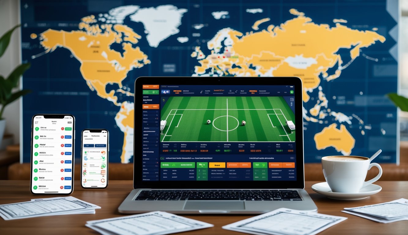 Meja kerja dengan laptop yang menampilkan statistik pertandingan sepak bola dan prediksi skor, dikelilingi oleh slip taruhan, ponsel dengan aplikasi taruhan, dan piala kopi, dengan peta dunia di latar belakang.