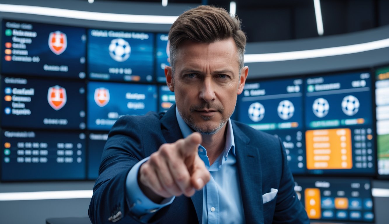 Seorang analis olahraga fokus di studio modern dengan layar besar menampilkan pertandingan sepak bola dunia dan data statistik.