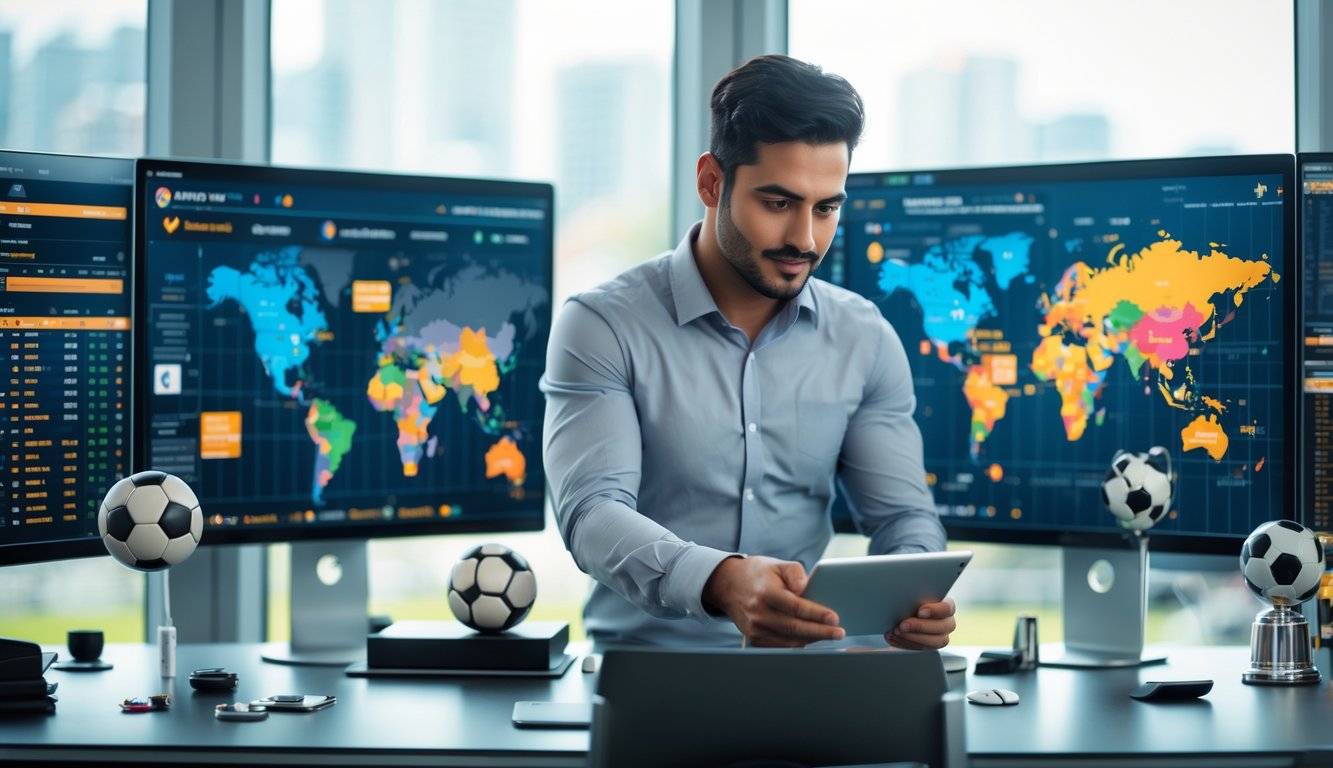 Seorang analis olahraga sedang bekerja di depan beberapa layar komputer yang menampilkan statistik pertandingan sepak bola dunia.