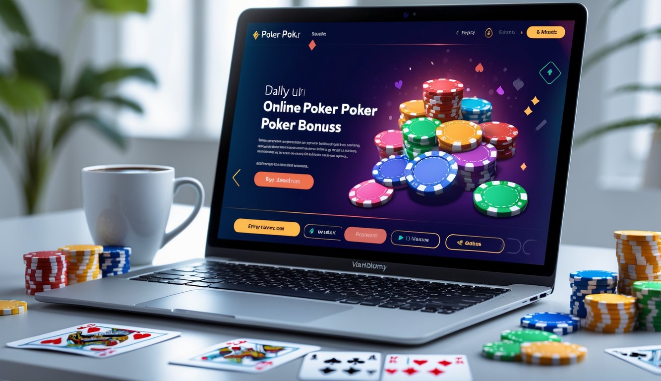 Seorang pemain poker online dengan laptop menampilkan permainan poker dan chip di atas meja yang rapi.