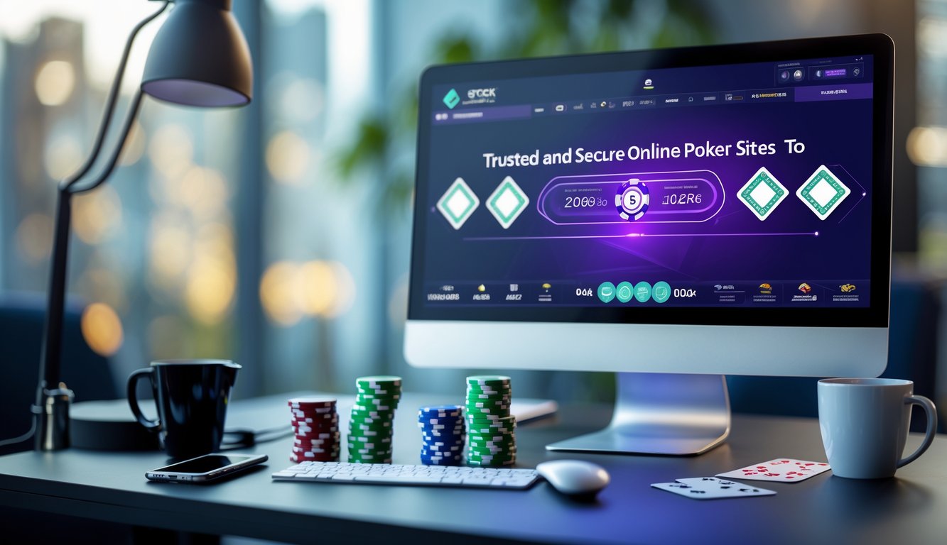 Meja kerja modern dengan komputer menampilkan permainan poker online, chip poker, dan kartu bermain di sekitarnya.