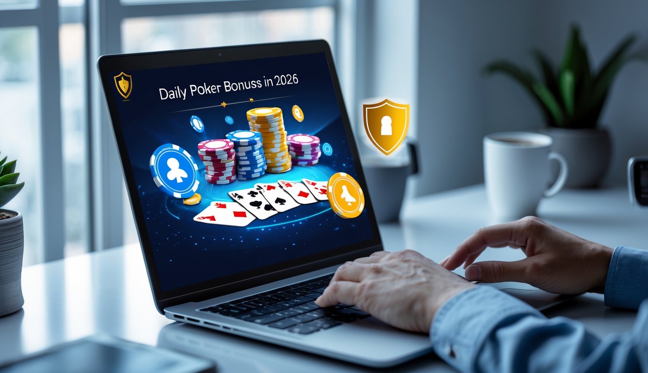 Seseorang menggunakan laptop di meja kerja dengan tampilan permainan poker online dan simbol keamanan di latar belakang.