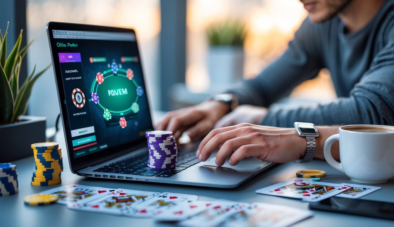 Seorang pemuda fokus bermain poker online di depan laptop dengan tumpukan chip poker dan kartu di meja.