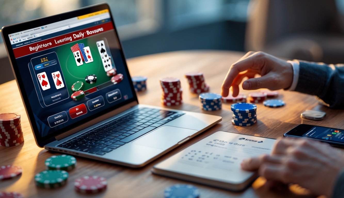 Seorang pemain poker online menggunakan laptop dengan kartu dan chip poker di meja, menunjukkan suasana belajar strategi poker untuk pemula.