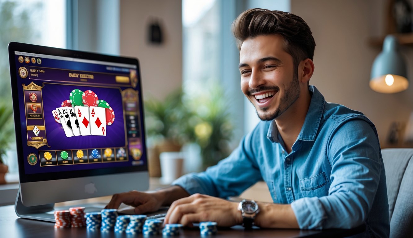 Seorang pria muda tersenyum duduk di depan laptop bermain poker online dengan tumpukan chip poker di meja.