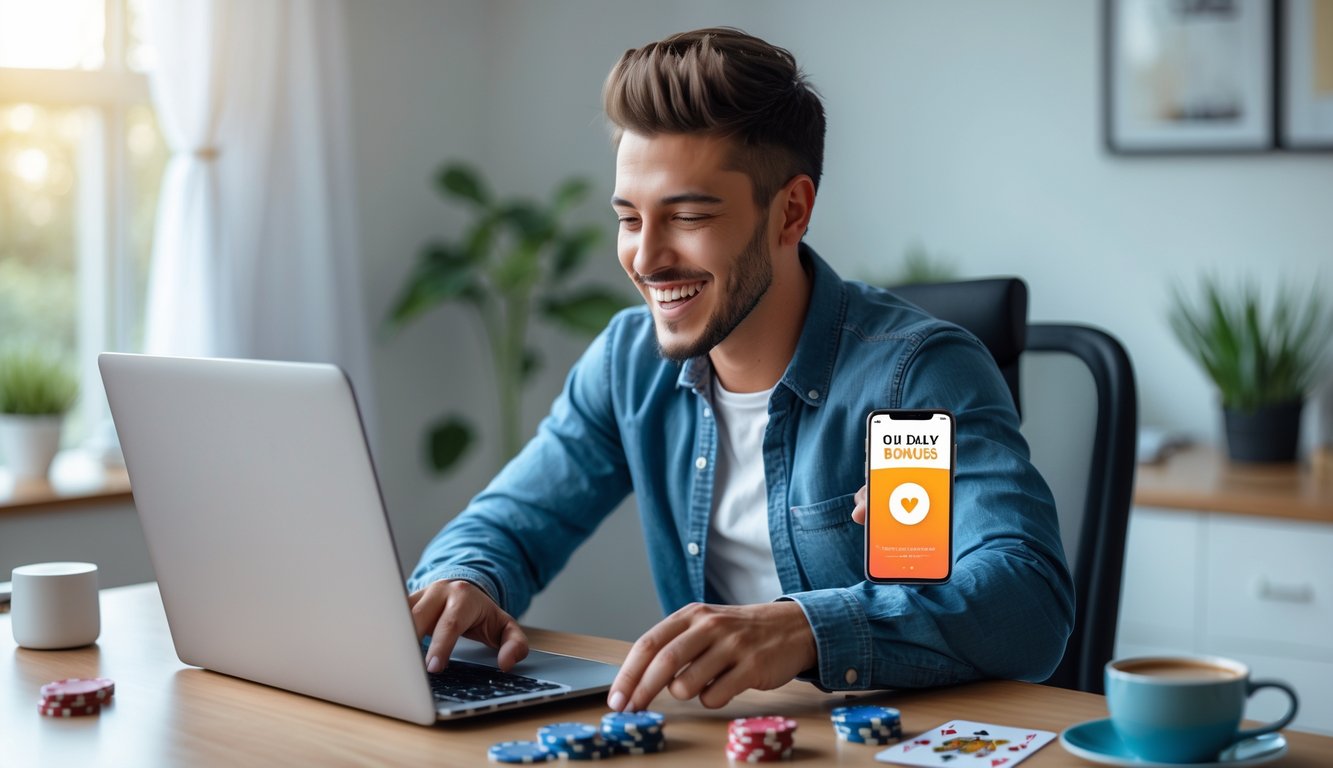 Seorang dewasa muda duduk di meja modern bermain poker online dengan laptop, tampak senang dan fokus, dengan chip poker dan kartu di meja.