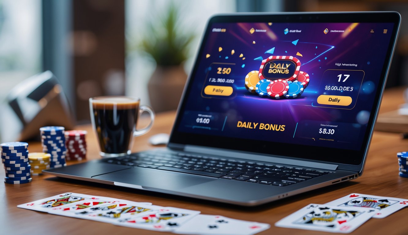 Seorang pemain poker online menggunakan laptop dengan tumpukan chip poker dan kartu di meja kayu.