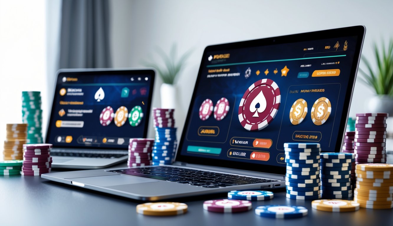 Sebuah meja dengan laptop dan ponsel yang menampilkan permainan poker online, dikelilingi oleh tumpukan chip poker berwarna-warni.