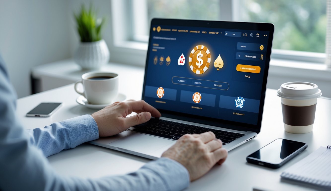 Seseorang menggunakan laptop di meja kerja dengan tampilan permainan poker online di layar, dikelilingi perlengkapan kerja seperti kopi dan ponsel.