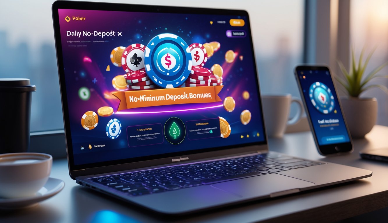 Seseorang bermain poker online di komputer dengan tampilan permainan poker dan chip di layar, di meja terdapat secangkir kopi dan ponsel.