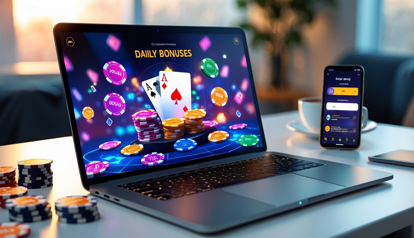 Seorang pemain poker online dengan laptop yang menampilkan permainan poker dan chip poker di meja, suasana nyaman di ruang kerja.