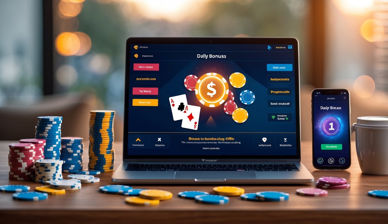 Seorang pemain poker online menggunakan laptop dengan chip poker dan kartu di meja, menunjukkan suasana bermain poker dengan bonus harian.