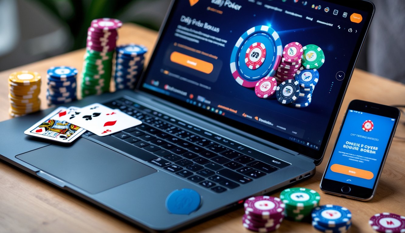 Seorang pemain poker online menggunakan laptop dan ponsel dengan tumpukan chip poker di meja.