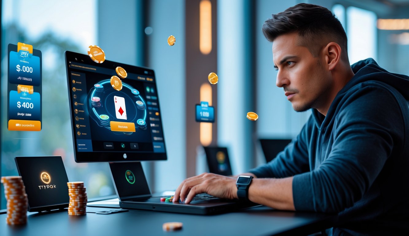 Seorang pemain poker fokus bermain poker online dengan laptop dan chip di meja, menunjukkan suasana strategi dan konsentrasi.