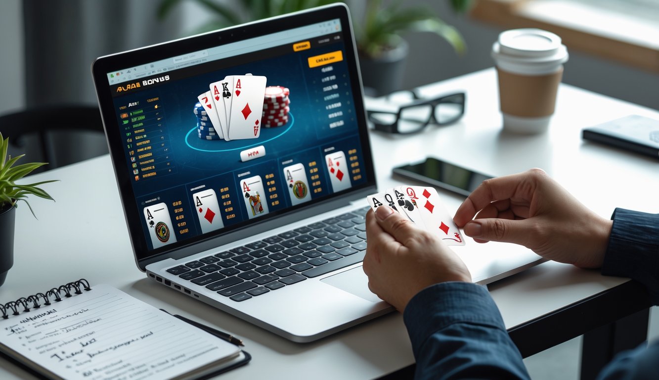 Meja kerja dengan laptop yang menampilkan permainan poker online, tangan seseorang memegang kartu, dan ponsel di sampingnya, menunjukkan suasana strategi bermain poker.