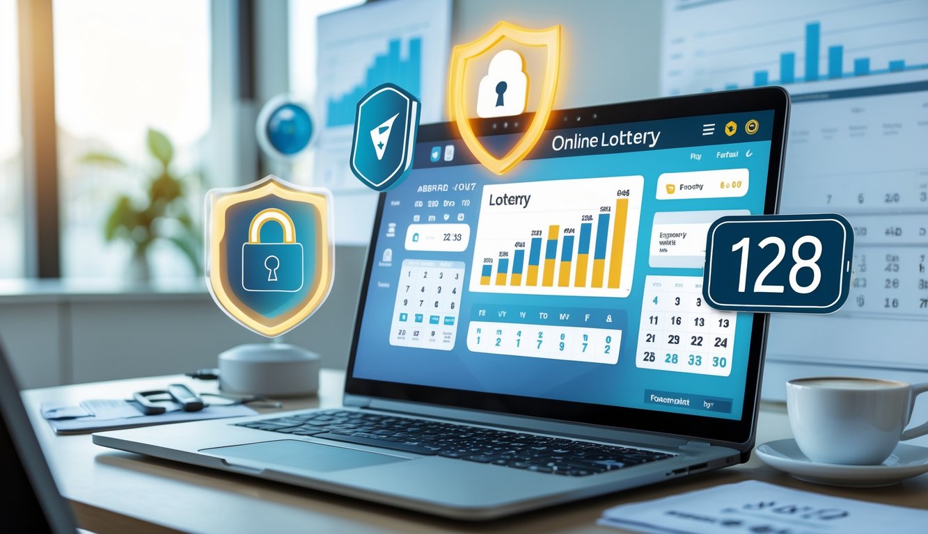 Seorang profesional menggunakan komputer dengan tampilan angka dan grafik lotere online di meja kerja yang rapi.