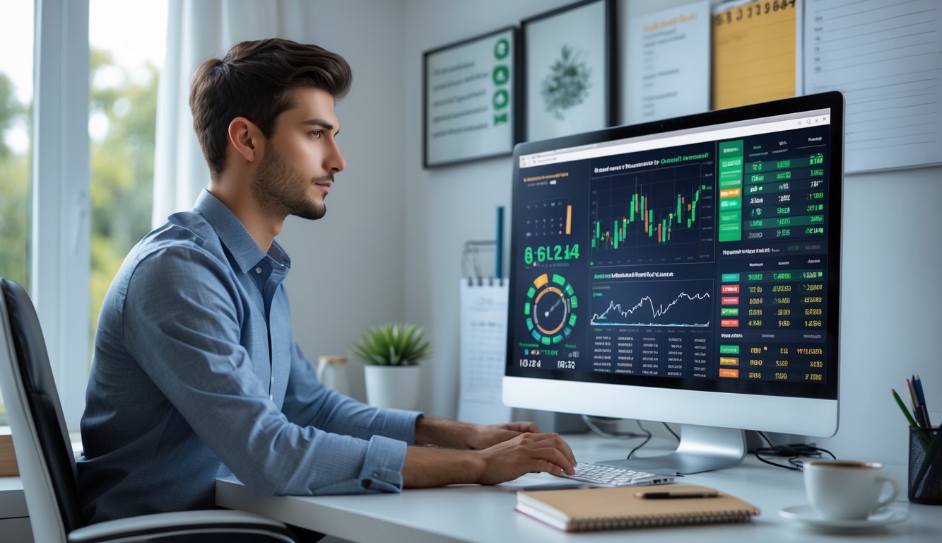 Seorang pria muda duduk di meja kerja modern dengan komputer menampilkan data angka dan grafik, sedang fokus menganalisis informasi di ruang kantor yang terang dan rapi.