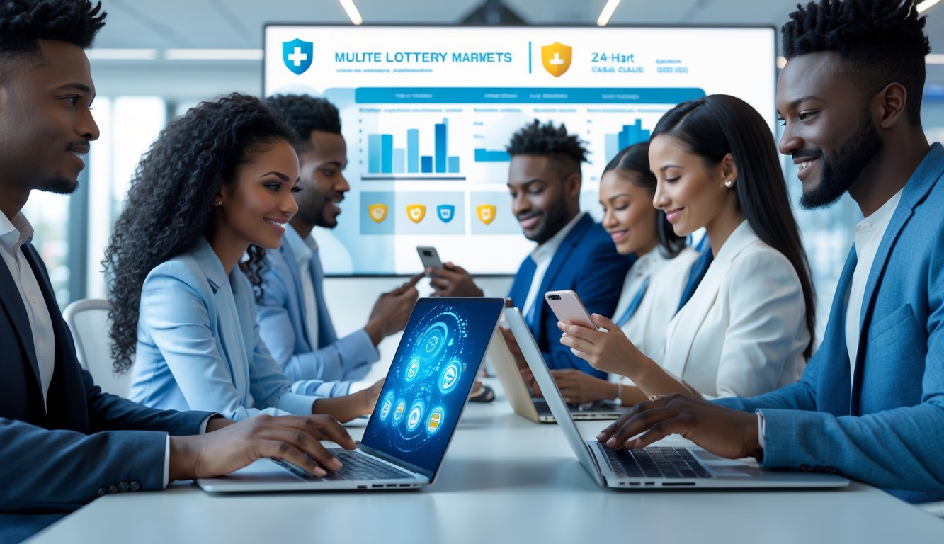 Sekelompok orang menggunakan laptop dan ponsel di kantor modern dengan tampilan grafik digital yang menunjukkan layanan togel online aman dan tersedia 24 jam.