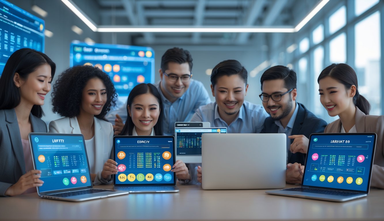 Sekelompok orang di kantor modern menggunakan perangkat digital yang menampilkan data togel dengan elemen keamanan digital dan suasana profesional.