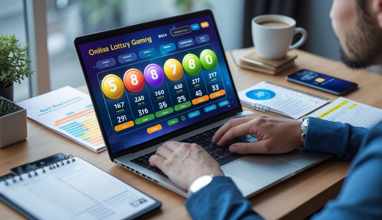 Seseorang sedang menggunakan laptop di meja kerja dengan tampilan situs togel online, dikelilingi catatan dan ponsel, menunjukkan suasana fokus dan strategi bermain.