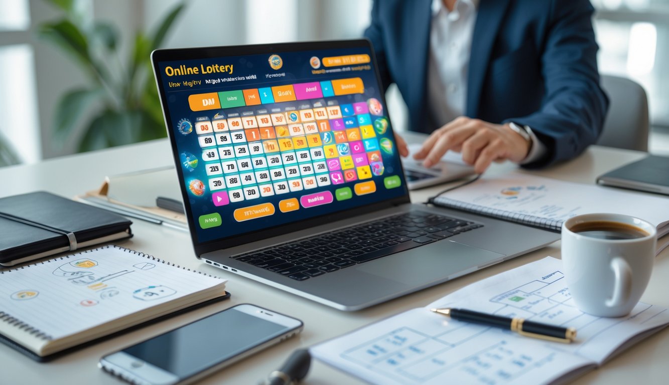 Meja kerja dengan laptop yang menampilkan antarmuka permainan togel online, buku catatan, pena, dan tangan seseorang yang sedang menggunakan laptop.