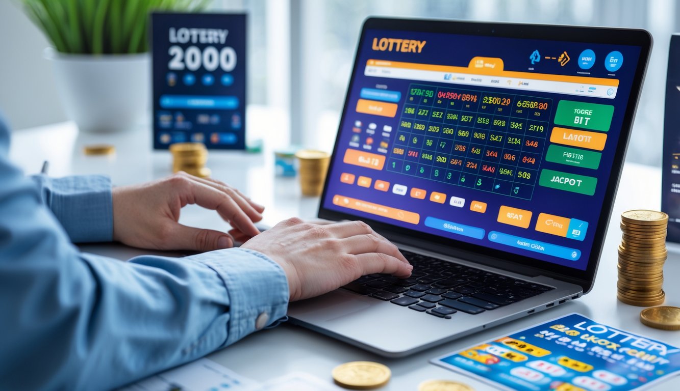Seseorang menggunakan laptop di meja kerja dengan tampilan situs taruhan togel online dan simbol taruhan di sekitarnya.