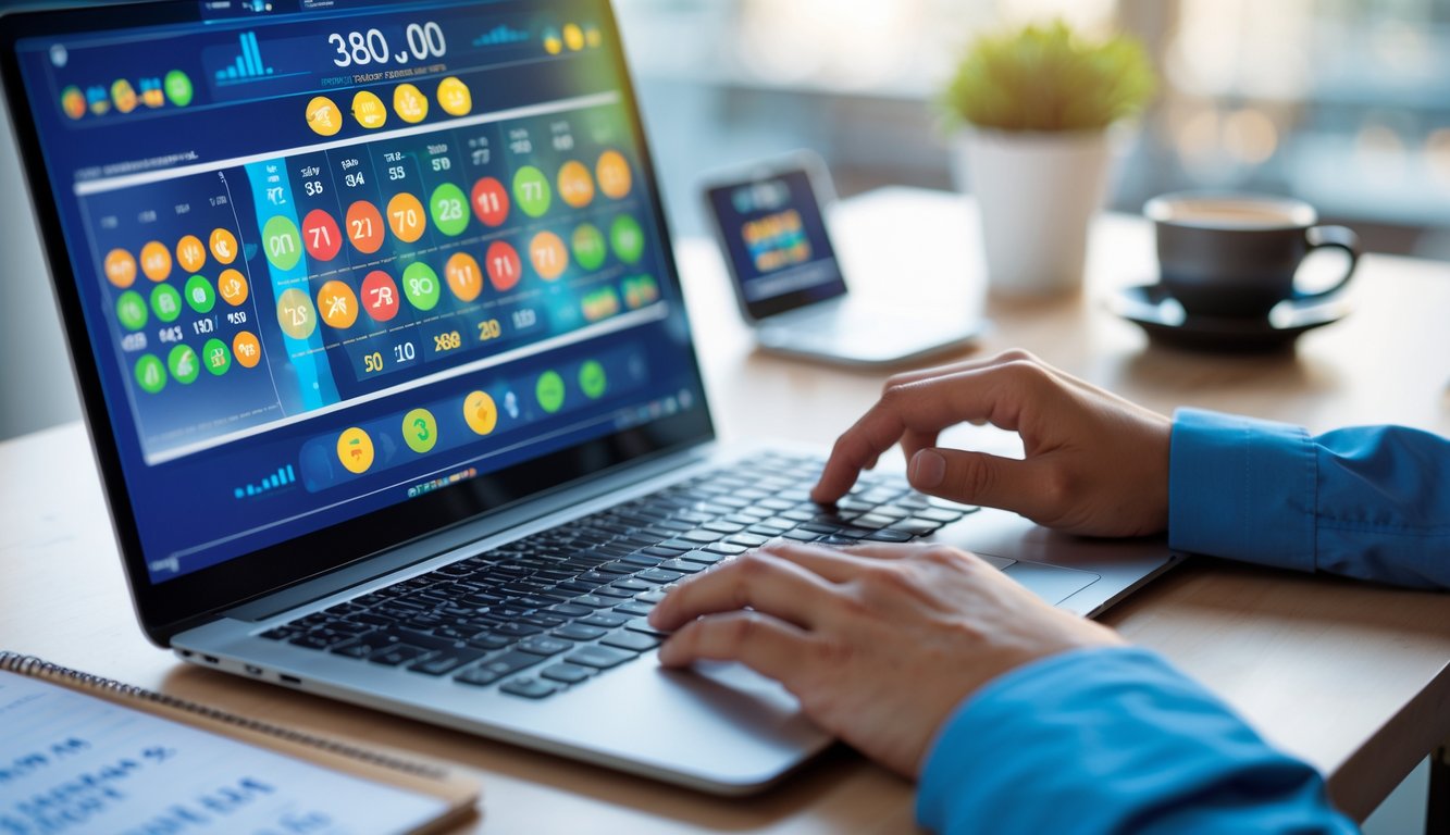 Seseorang menggunakan laptop di meja kerja dengan layar menampilkan antarmuka taruhan togel online, di sekitar ada smartphone, cangkir kopi, dan buku catatan.