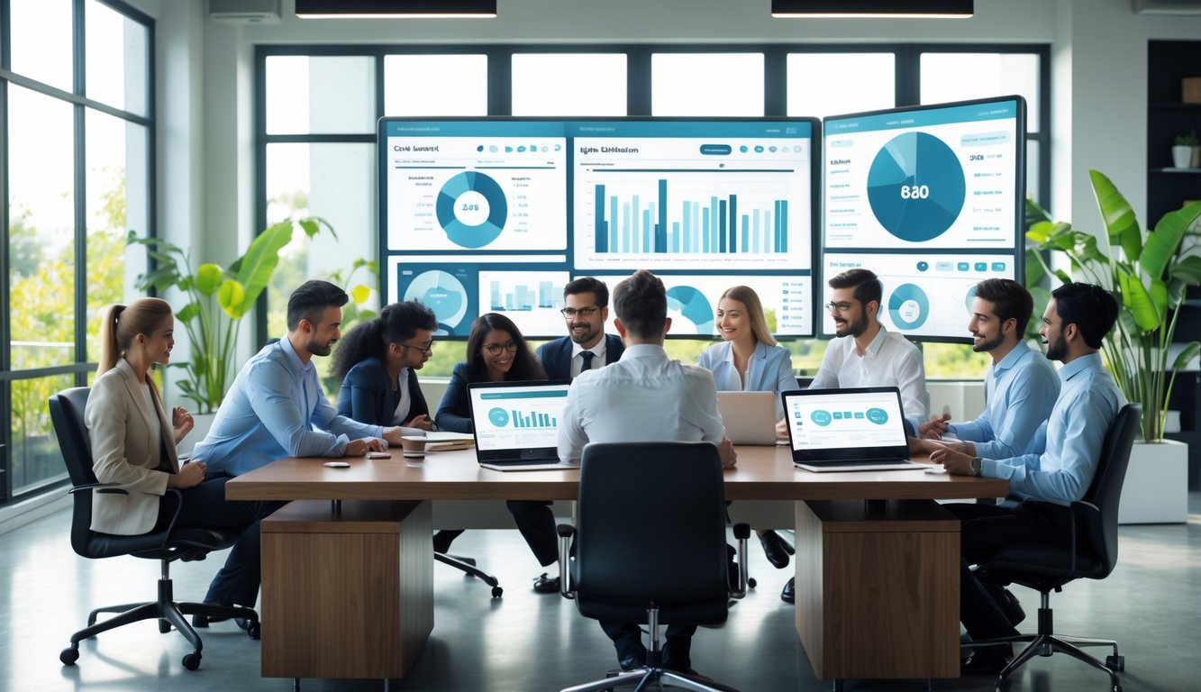 Sekelompok orang sedang bekerja di kantor modern dengan layar digital yang menampilkan grafik dan angka terkait pasar togel online.