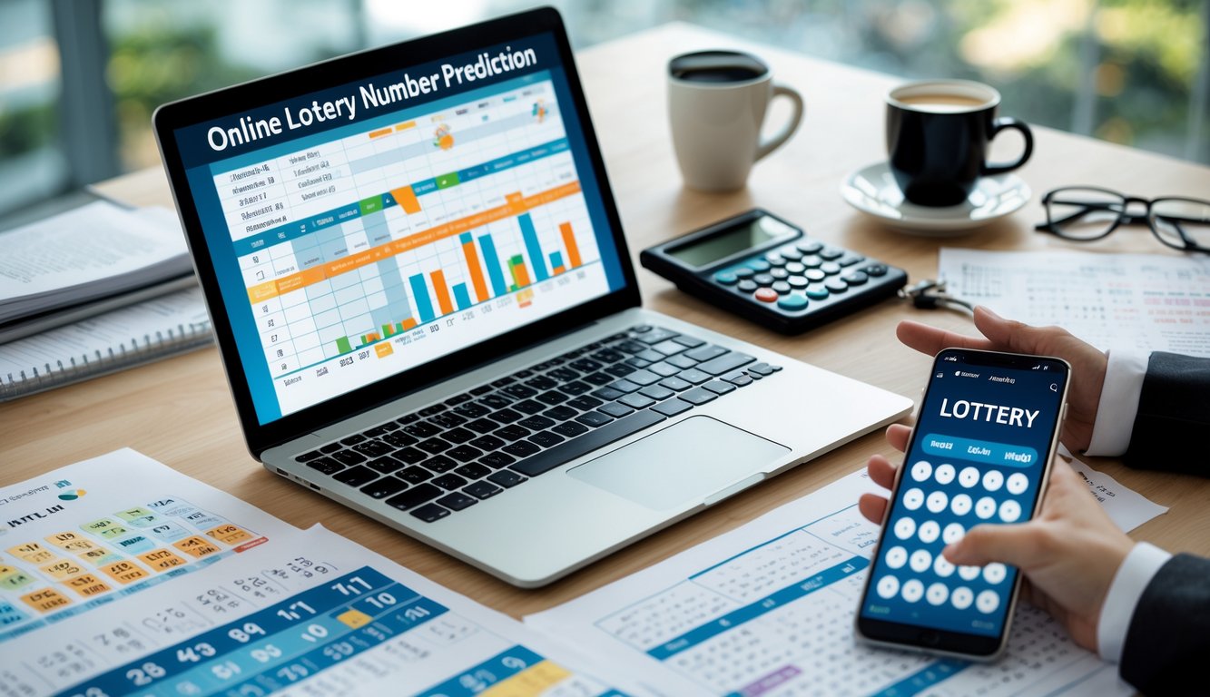 Meja kerja modern dengan laptop menampilkan grafik dan angka prediksi togel, dikelilingi oleh kertas data, ponsel dengan aplikasi togel, dan kalkulator.
