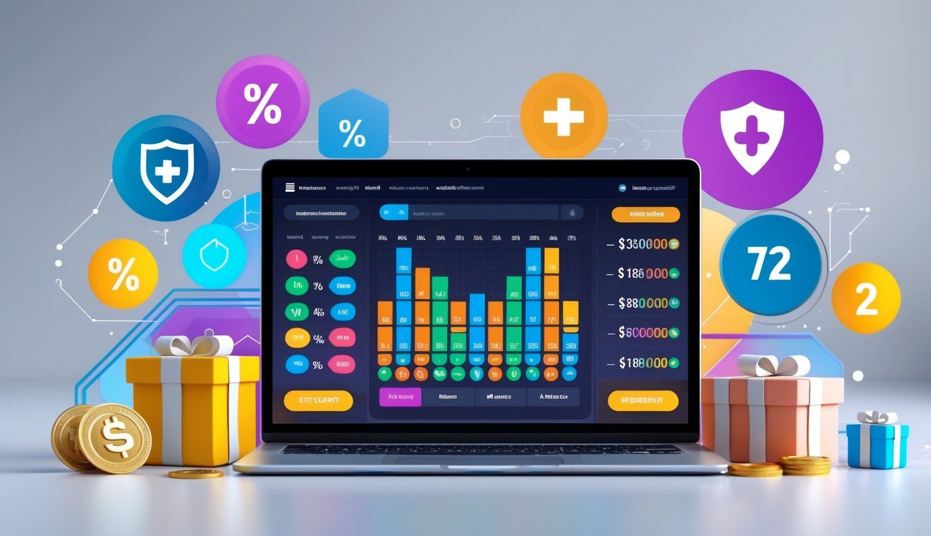 Seorang pengguna laptop dengan tampilan antarmuka lotere digital, dikelilingi ikon keamanan, diskon, dan bonus.