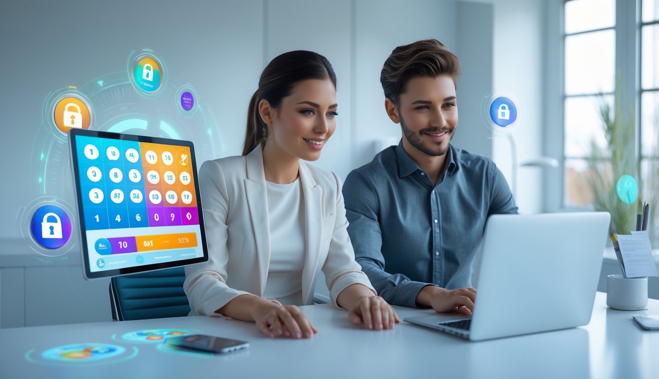 Dua orang dewasa muda duduk di meja dengan laptop, melihat layar dengan fokus, di ruang kantor yang terang dan rapi, menampilkan suasana layanan togel online yang aman dan terpercaya.