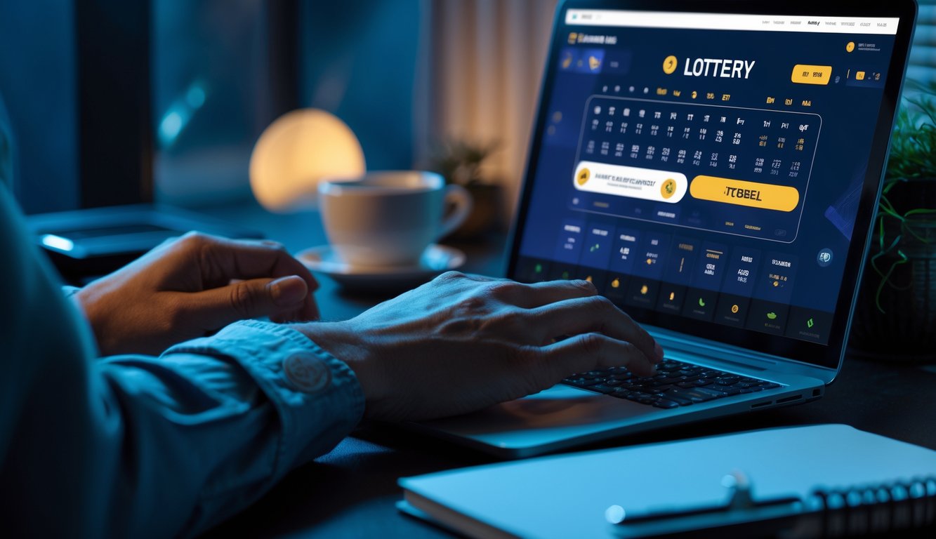Seseorang menggunakan laptop atau ponsel di ruangan dengan pencahayaan redup, menampilkan aktivitas togel online.