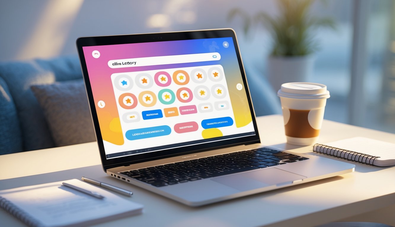 Meja kerja dengan laptop, ponsel, dan secangkir kopi yang menunjukkan aktivitas bermain togel online dengan suasana terang dan rapi.