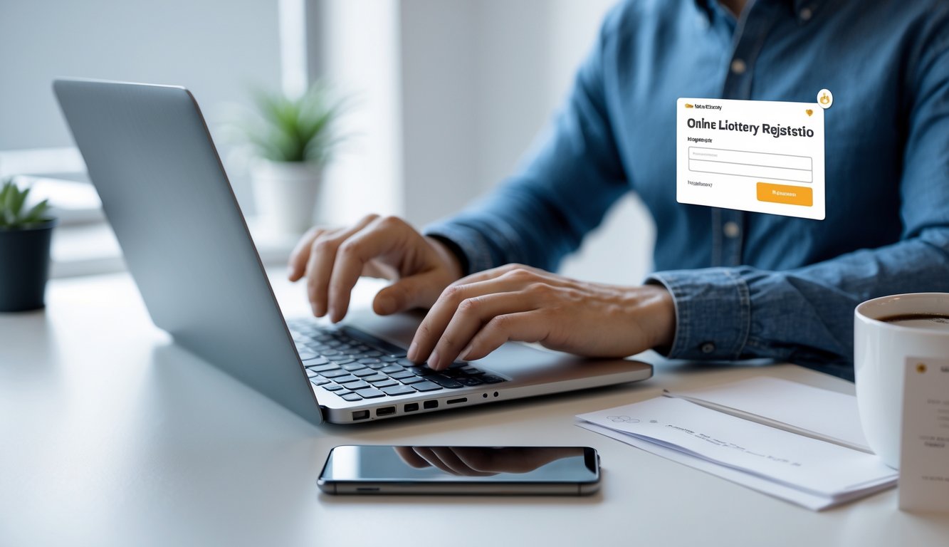 Seseorang sedang menggunakan laptop di meja kerja dengan suasana terang dan rapi, menunjukkan proses pendaftaran togel online.