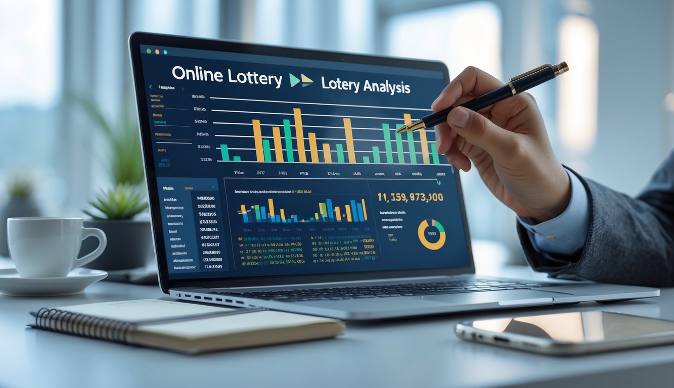 Seorang pria menganalisis data angka lotre di depan laptop di meja kerja yang rapi.