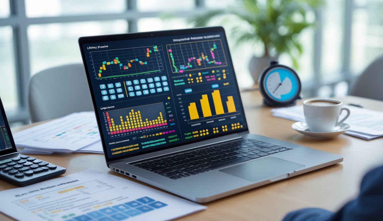 Meja kerja modern dengan laptop yang menampilkan grafik statistik dan dokumen terkait analisa angka togel online.