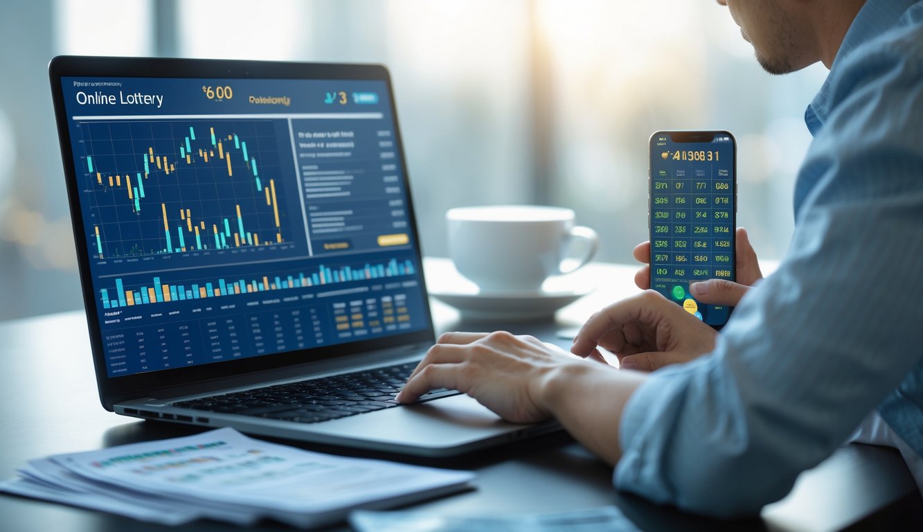 Seorang pria sedang menganalisis data di laptop di meja kerja dengan catatan dan ponsel di sekitarnya.