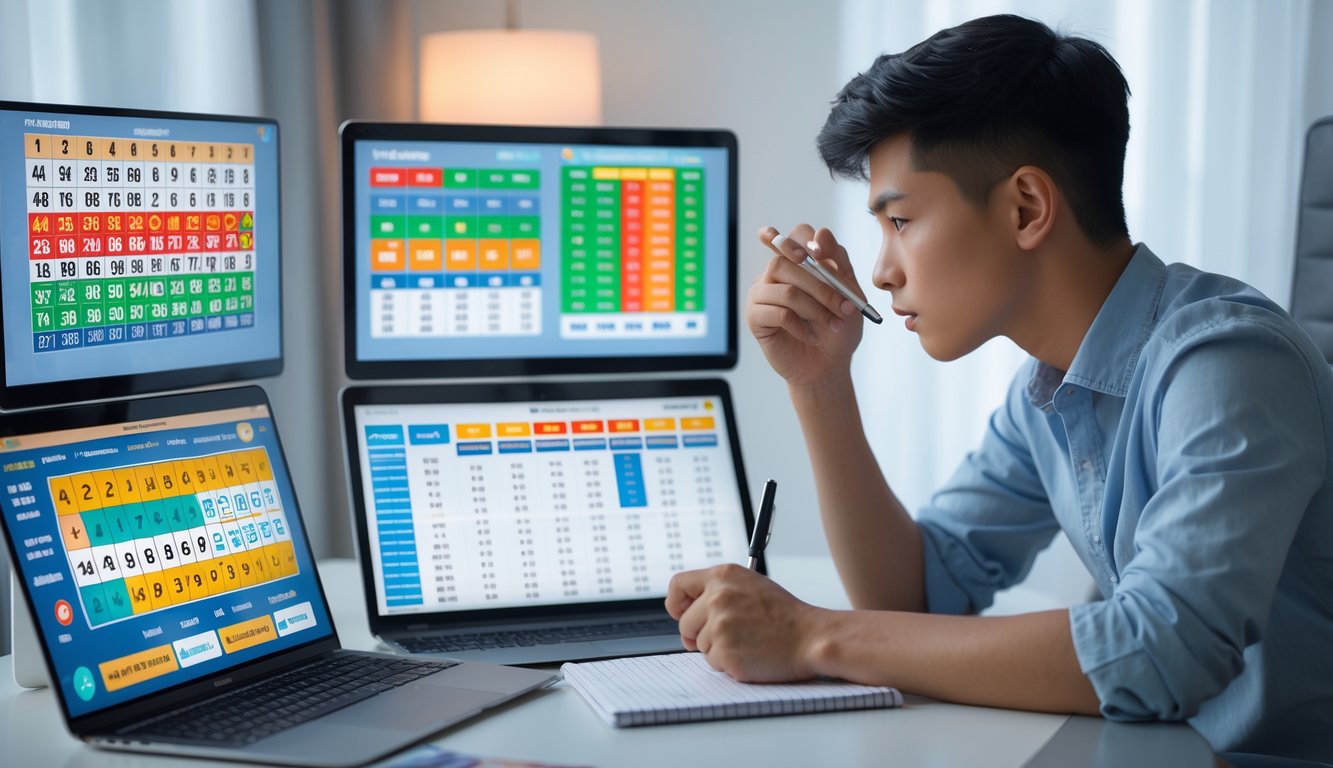Seorang dewasa muda fokus menganalisis layar digital dengan berbagai angka dan grafik lotere online di ruang kerja yang rapi.