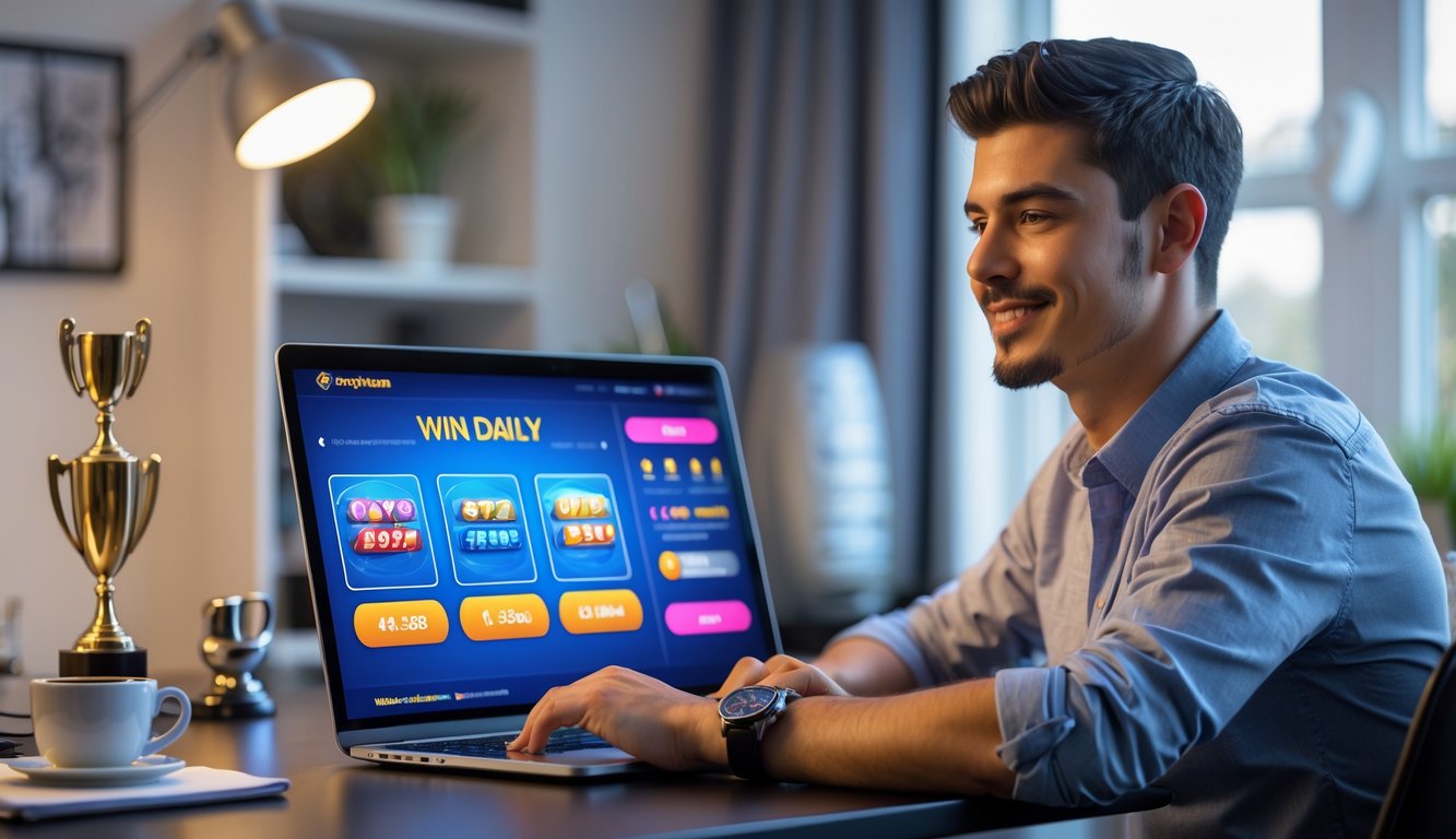 Seorang pria muda duduk di depan laptop di ruang kerja rumah yang rapi, fokus bermain permainan judi online dengan ekspresi percaya diri.