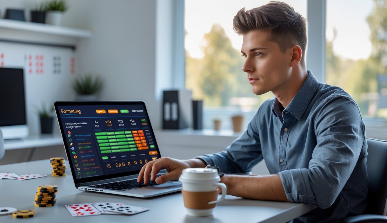 Seorang pria muda duduk di meja dengan laptop, fokus bermain judi online di lingkungan kantor rumah yang rapi.