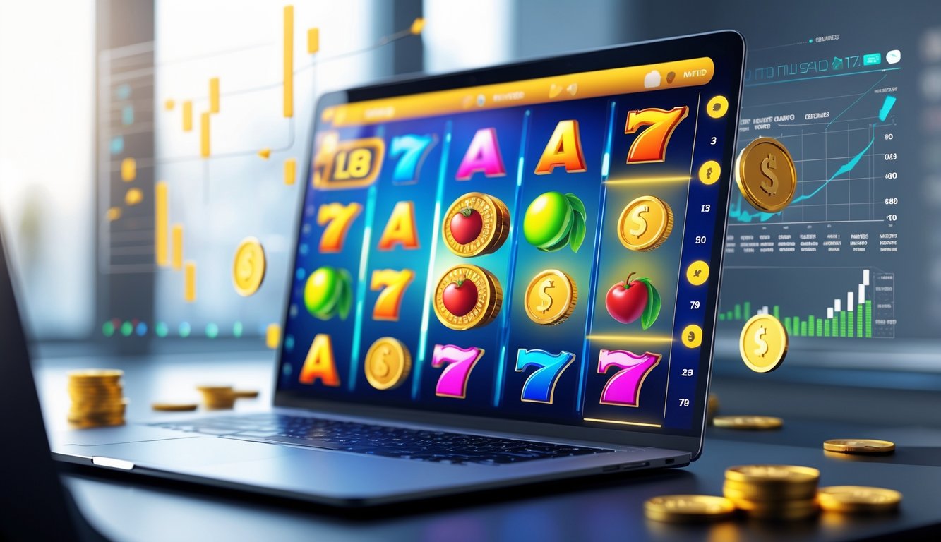 Sebuah setup permainan digital modern dengan layar menampilkan gulungan mesin slot berwarna-warni dan grafik data kemenangan di latar belakang.