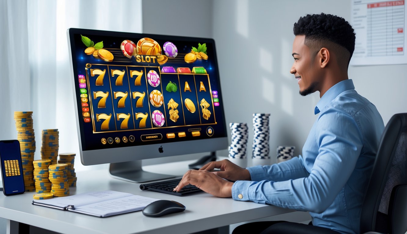 Seseorang duduk di depan komputer dengan layar menampilkan permainan slot online yang berwarna-warni, di meja terdapat tumpukan chip poker dan ponsel dengan aplikasi taruhan.