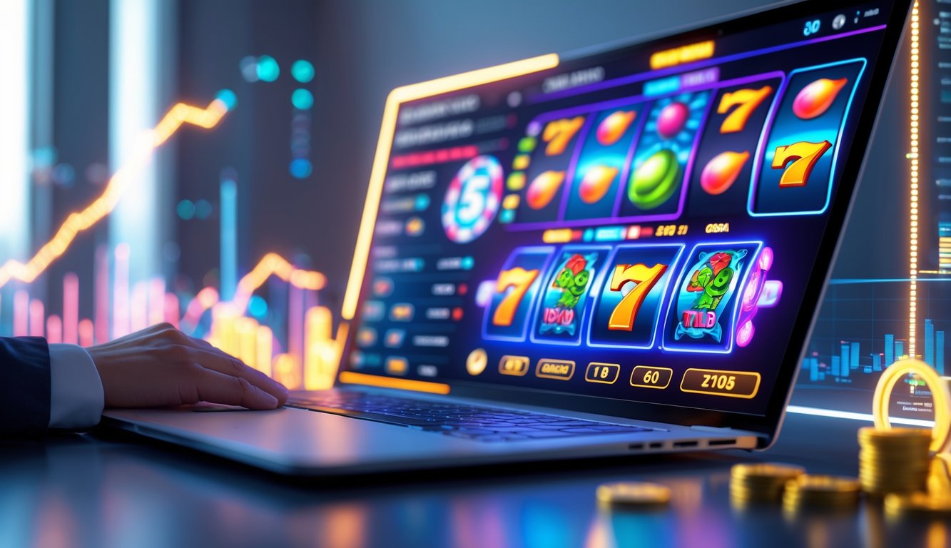 Layar komputer menampilkan permainan slot online dengan simbol berwarna cerah dan grafik data RTP di sekitarnya.