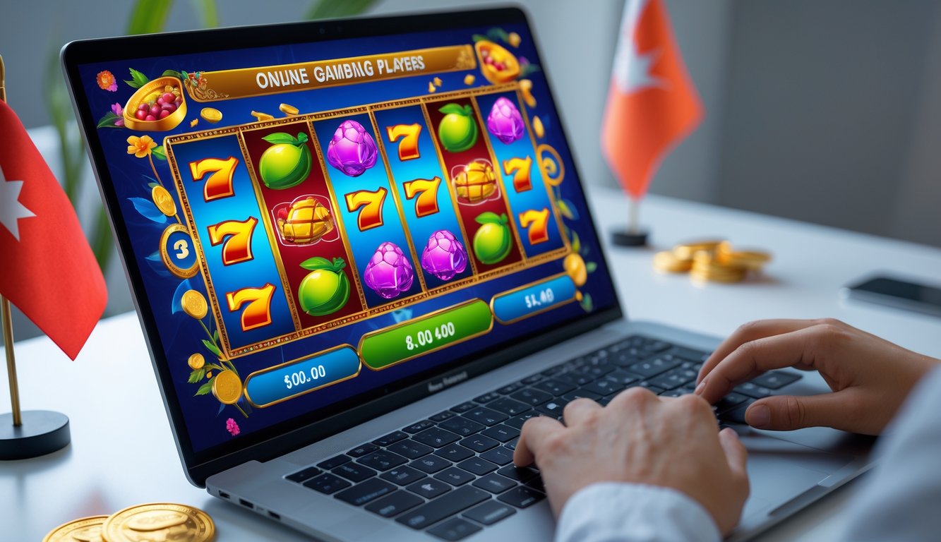 Seseorang bermain permainan slot online di komputer dengan latar belakang elemen khas Indonesia.